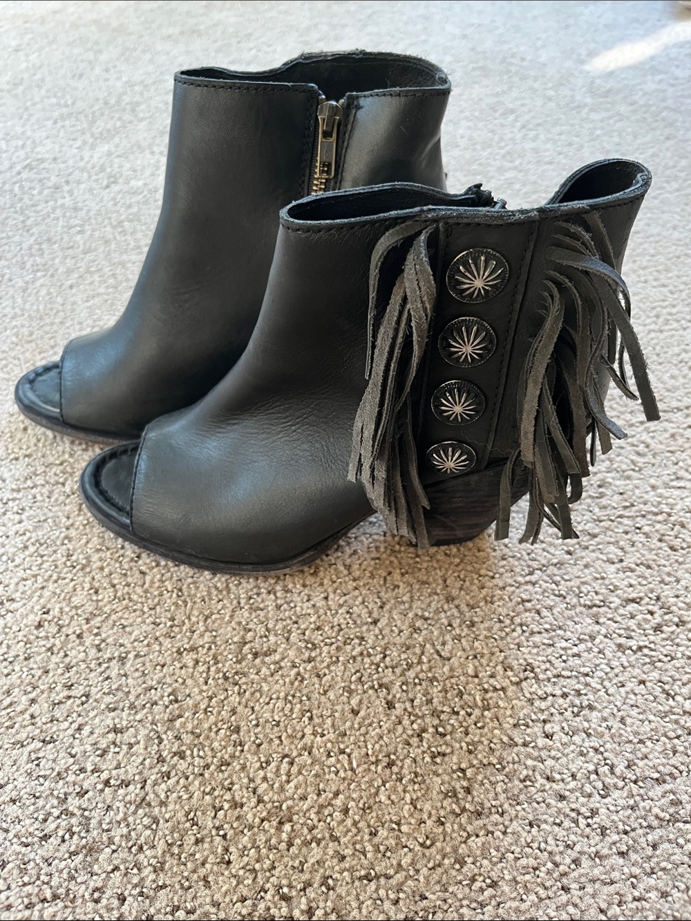 Liberty Black Peep-Toe Ankle Booties with Concho Buttons